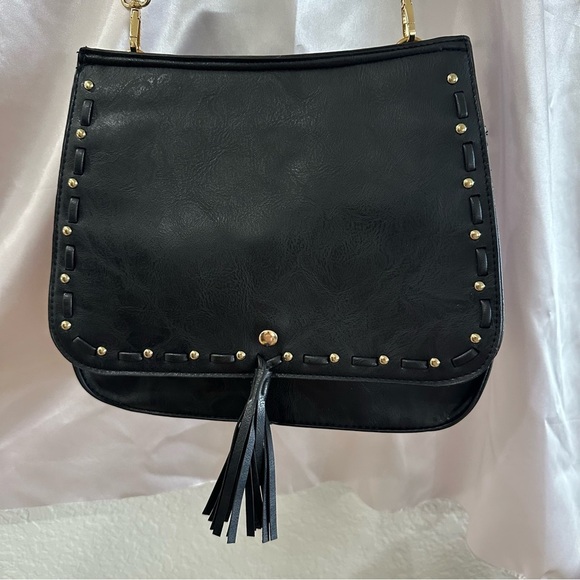 Vegan Leather Black Crossbody Bag – Studded with Tassel & Leopard Strap - Picture 4 of 6